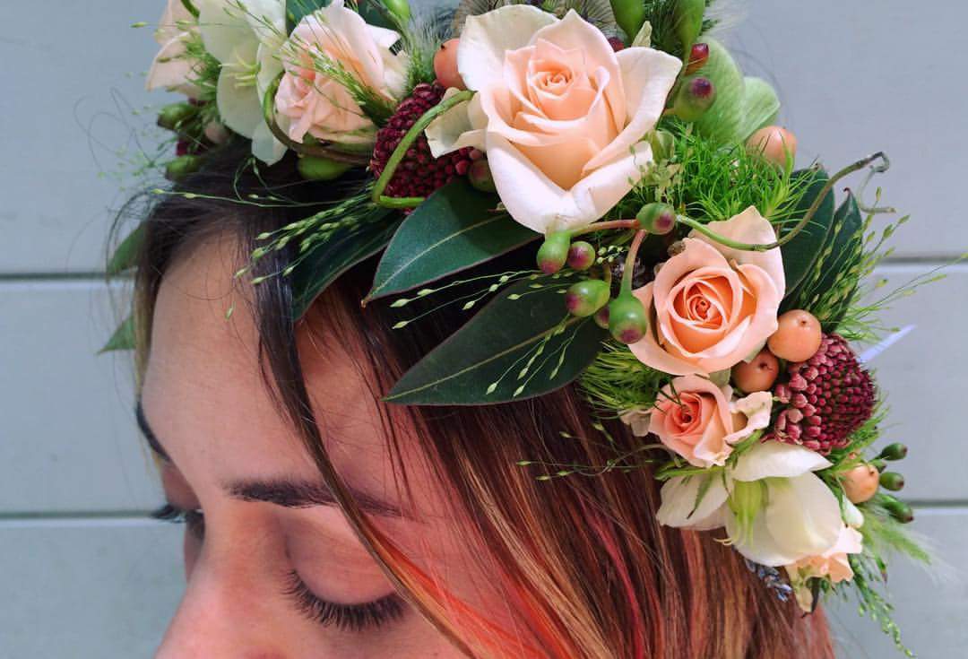 Jaynie Sanchez of Petal and Thread Designs posing with a crown I made for a bridal shower. I had the pleasure of working with Jaynie at The Bud Stop.&nbsp; 