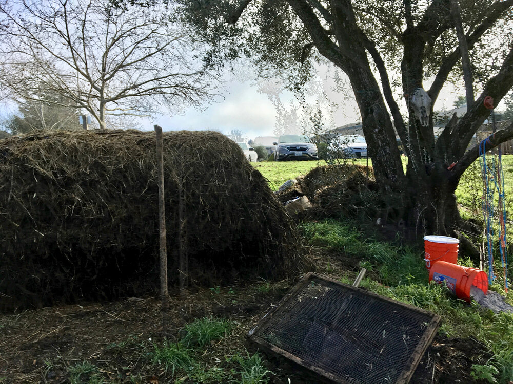 Two compost heaps at Rudolf Steiner College in CA