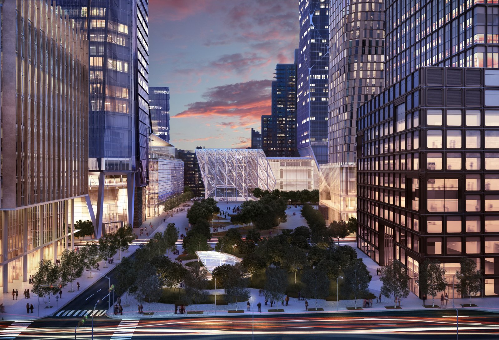 View south along central open space with Metro station entrance in foreground Source: Hudson Yards web site