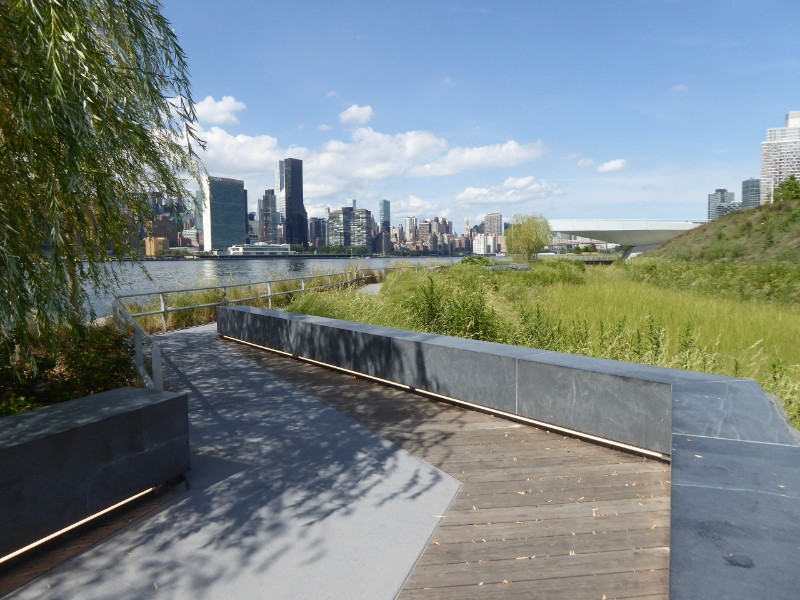 Riveredge path with seating wall &amp; shade tree