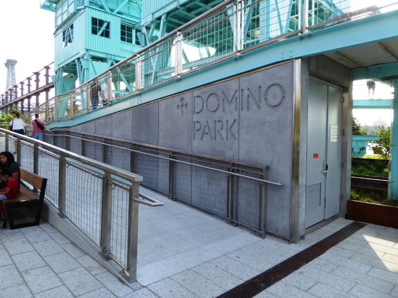 Park entry sign &amp; ramp to elevated walkway
