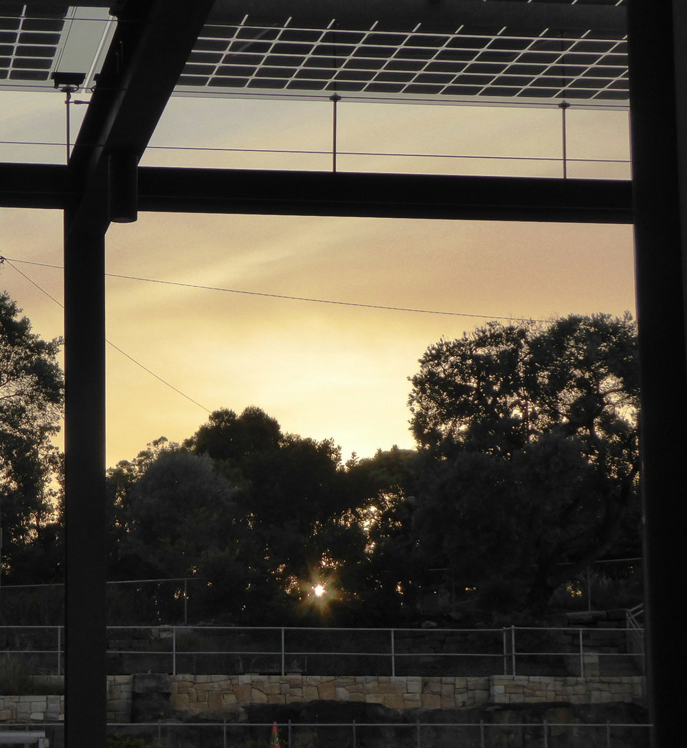 Sunrise through pergola with solar collectors