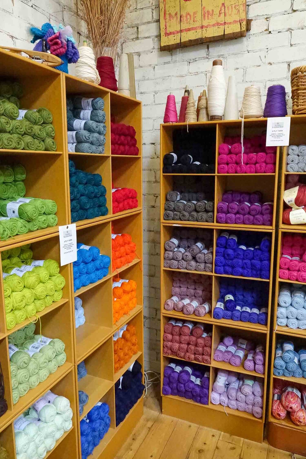 Wool yarn display at Nundle Woollen Mill