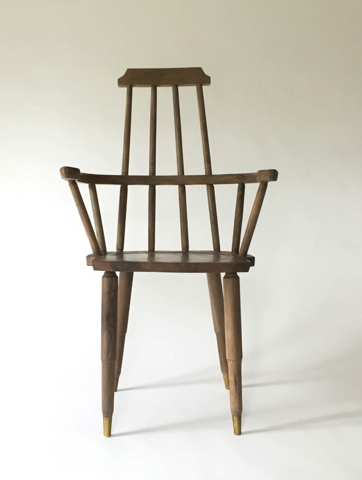 Jupiter Windsor Chair, Dzierlenga Furniture, Salt Point, NY Reclaimed and bleached, spalted maple, brass, 40 ½Hx 15W x 16 ½ D. Lent by Casey Dzierlenga