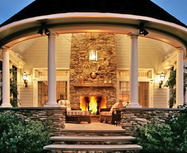 Curved Porch With Fireplace