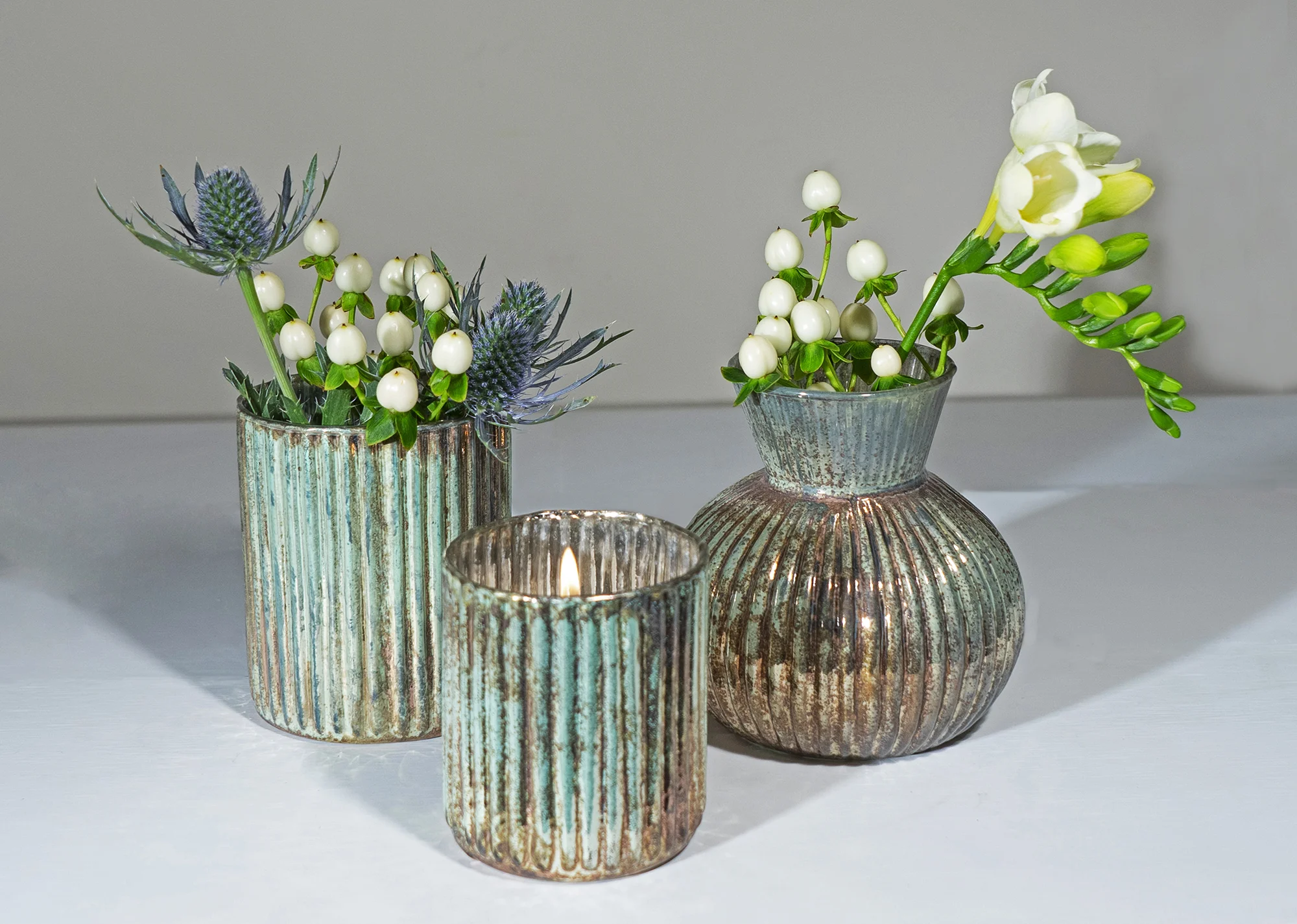Ribbed Sea Green Votive Holders and Vase Collection