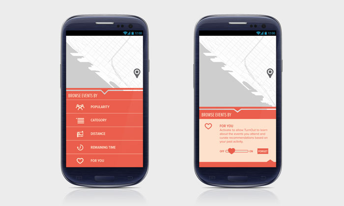 In addition to just browsing the map, Turnout can search all events within a certain radius, and can learn which events to recommend based on your usage.