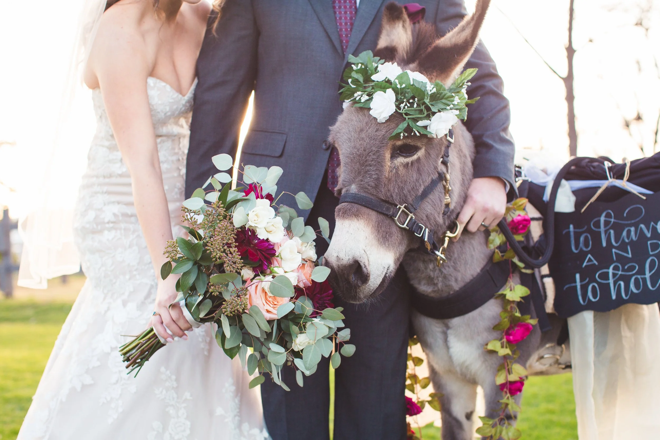 donkey burro floral bouquet wedding husband wife