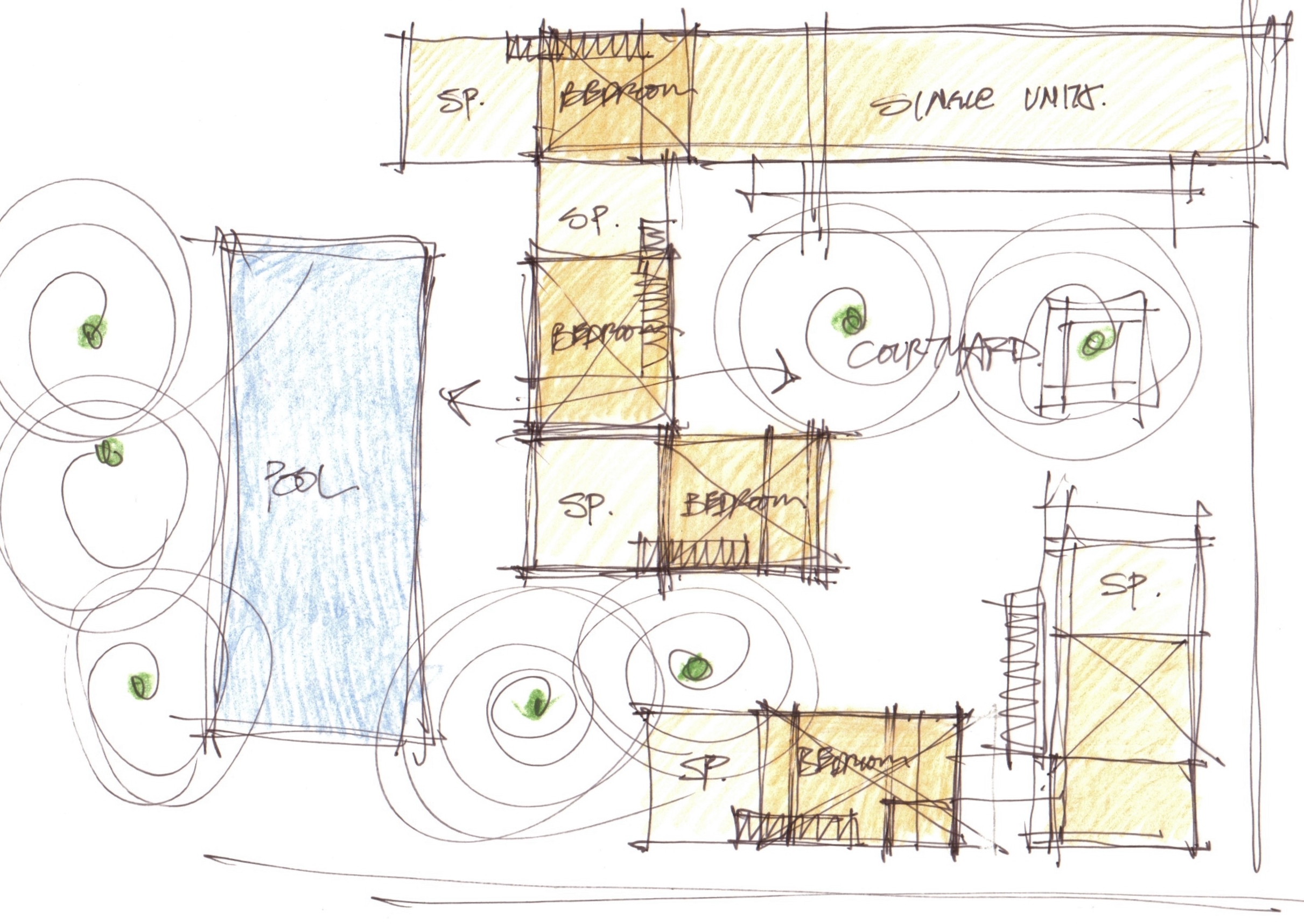 SP are the upper level sleeping porches. Bedrooms are adjacent. Ground level living areas are below the porches and bedrooms.
