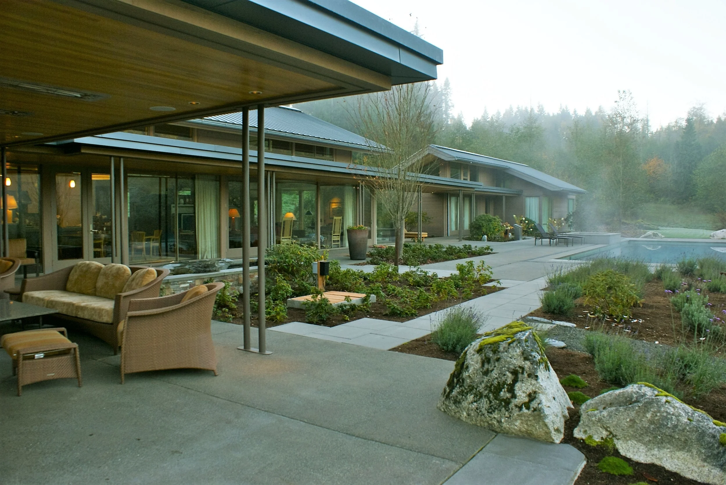 Terracing is broken up to allow the landscape in and near the building.