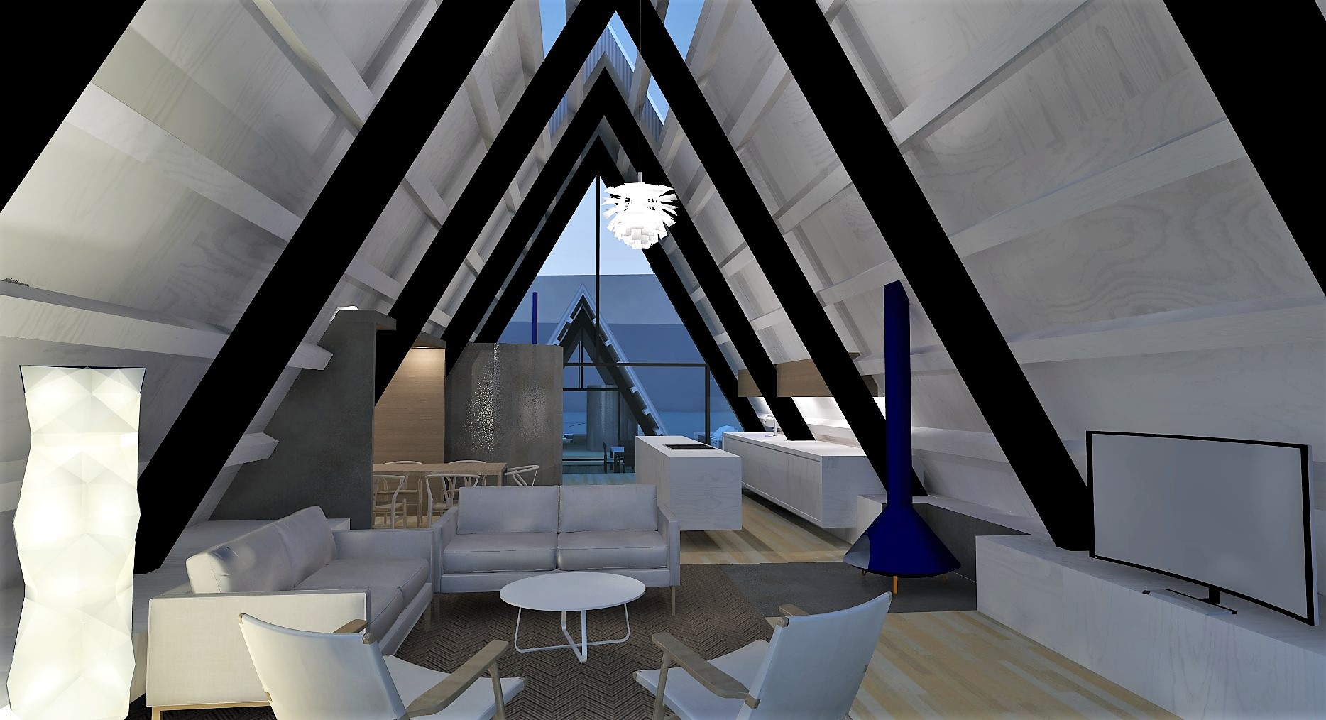 The large A includes dining, kitchen, living and a small bath. The large skylight brings in more light.