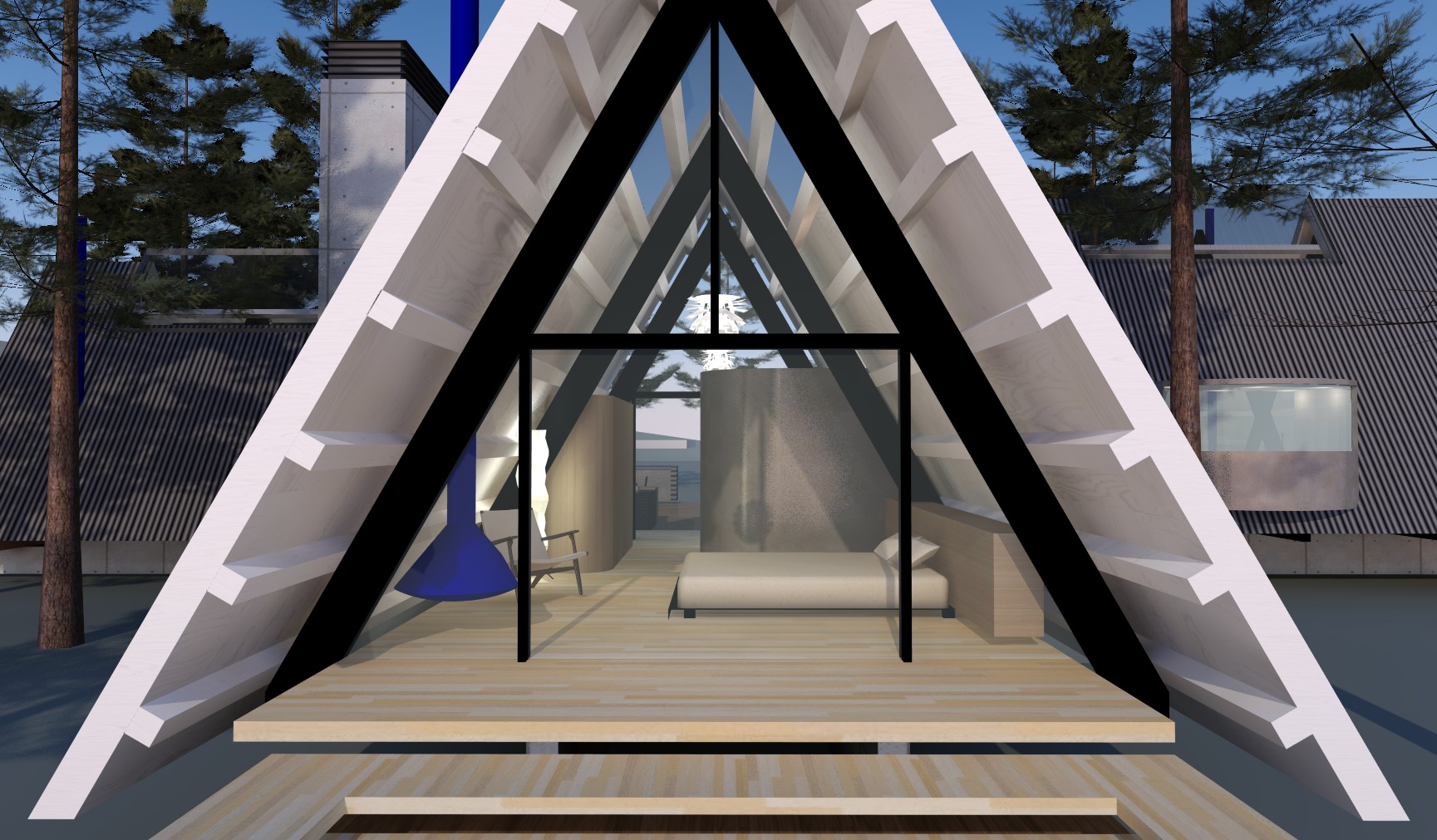 A closet and bathroom insert subdivide the smaller A without destroying the interior space