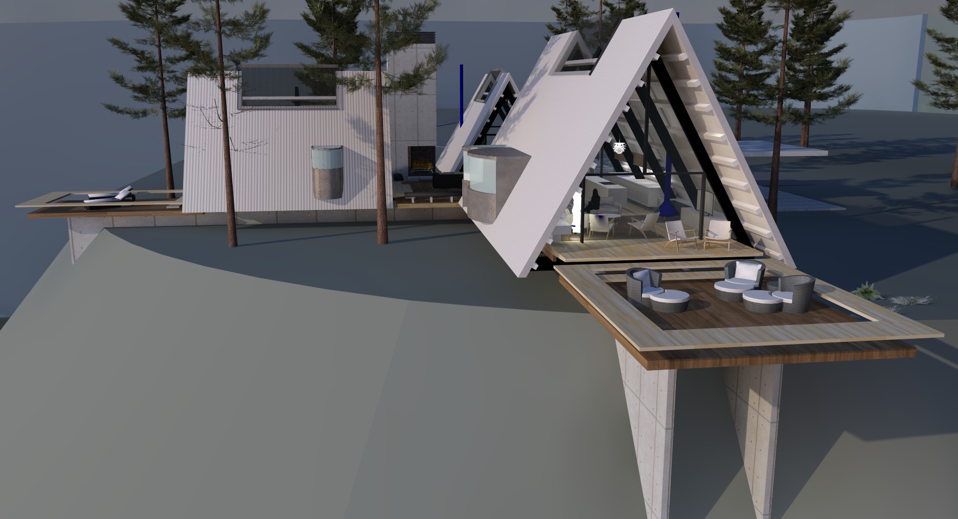 The simple paired foundation walls support the decks and As together.