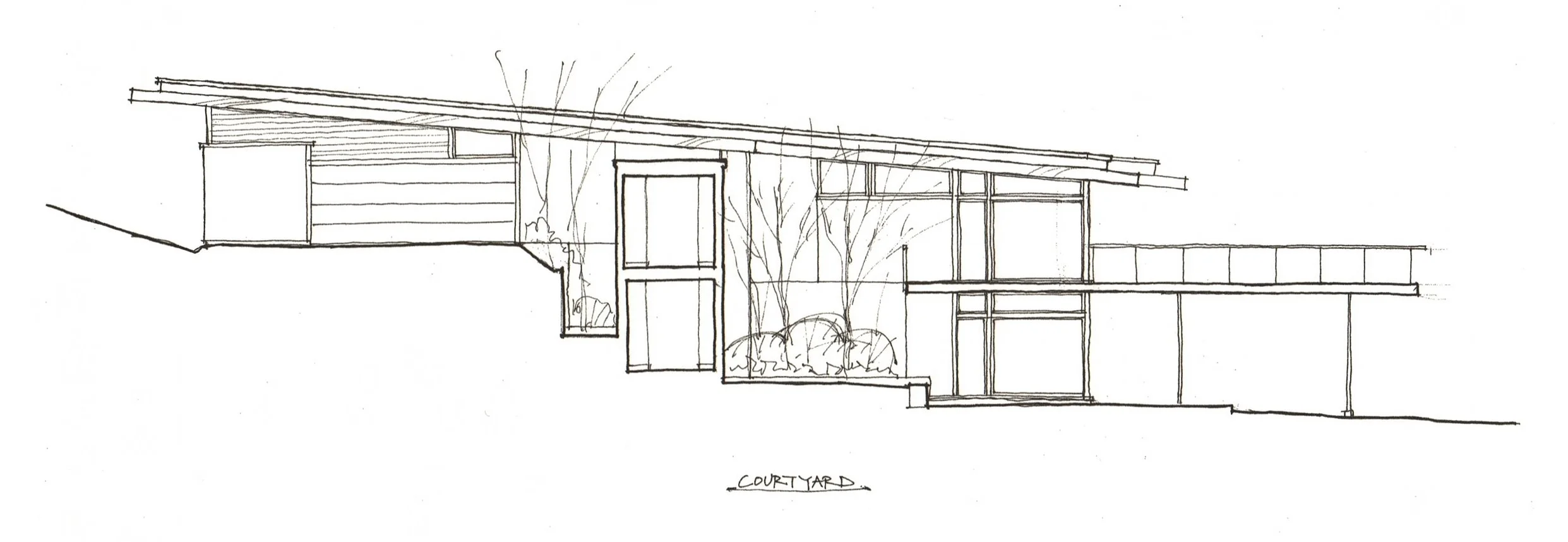 A section between the two building forms shows the connecting hallways and planting areas. The deck and terrace are to the right.