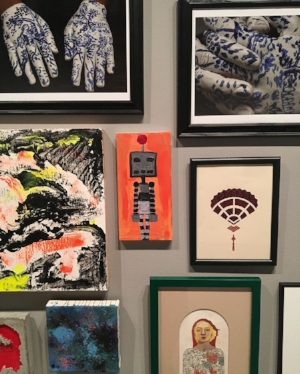 Zachary Eric Federbush, The Robot (in center, (2016, Acrylic on canvas, 12" x 6")) in "Small Works" installation (center image)
