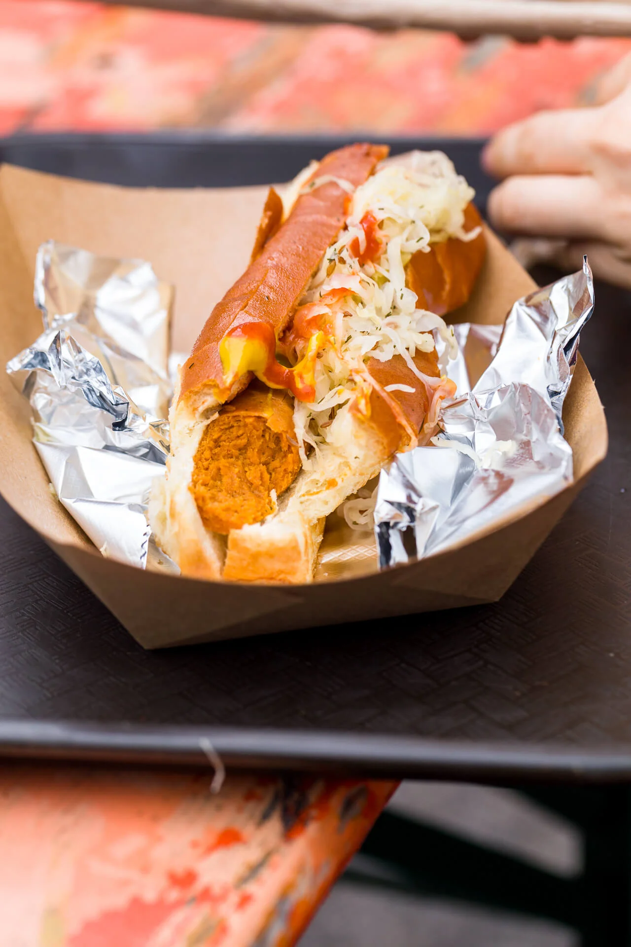 Veggie dog with sauerkraut
