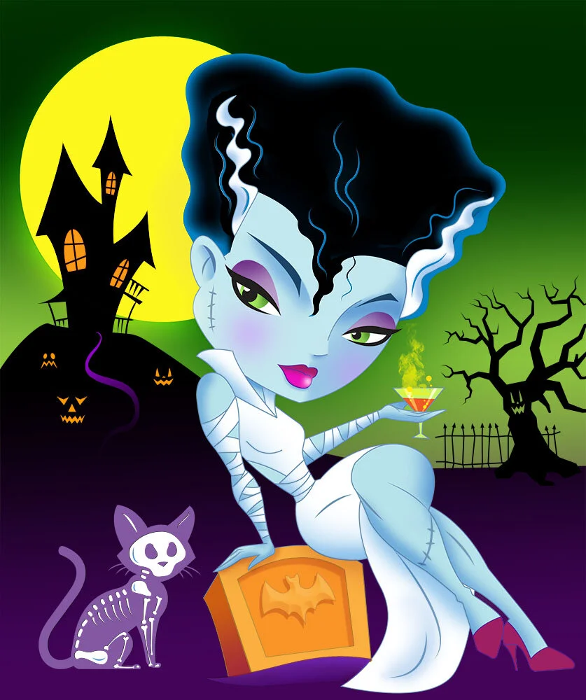 Halloween Monster Bride with Skeleton Cat