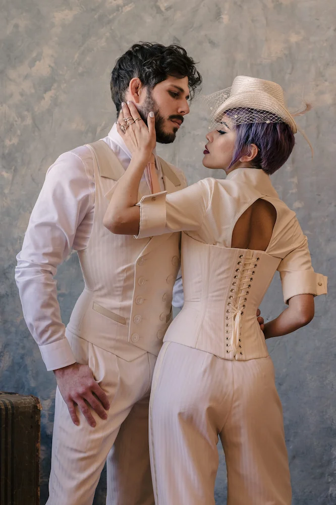 Dark Garden Couture: Dark Garden "Edward" corset vest & Pop Antique for Dark Garden "Shirtwaist Corset" | Millinery: Kalico Delafay | Models: James Alvarez & Lex Lima | Photo © Loic Nicolas