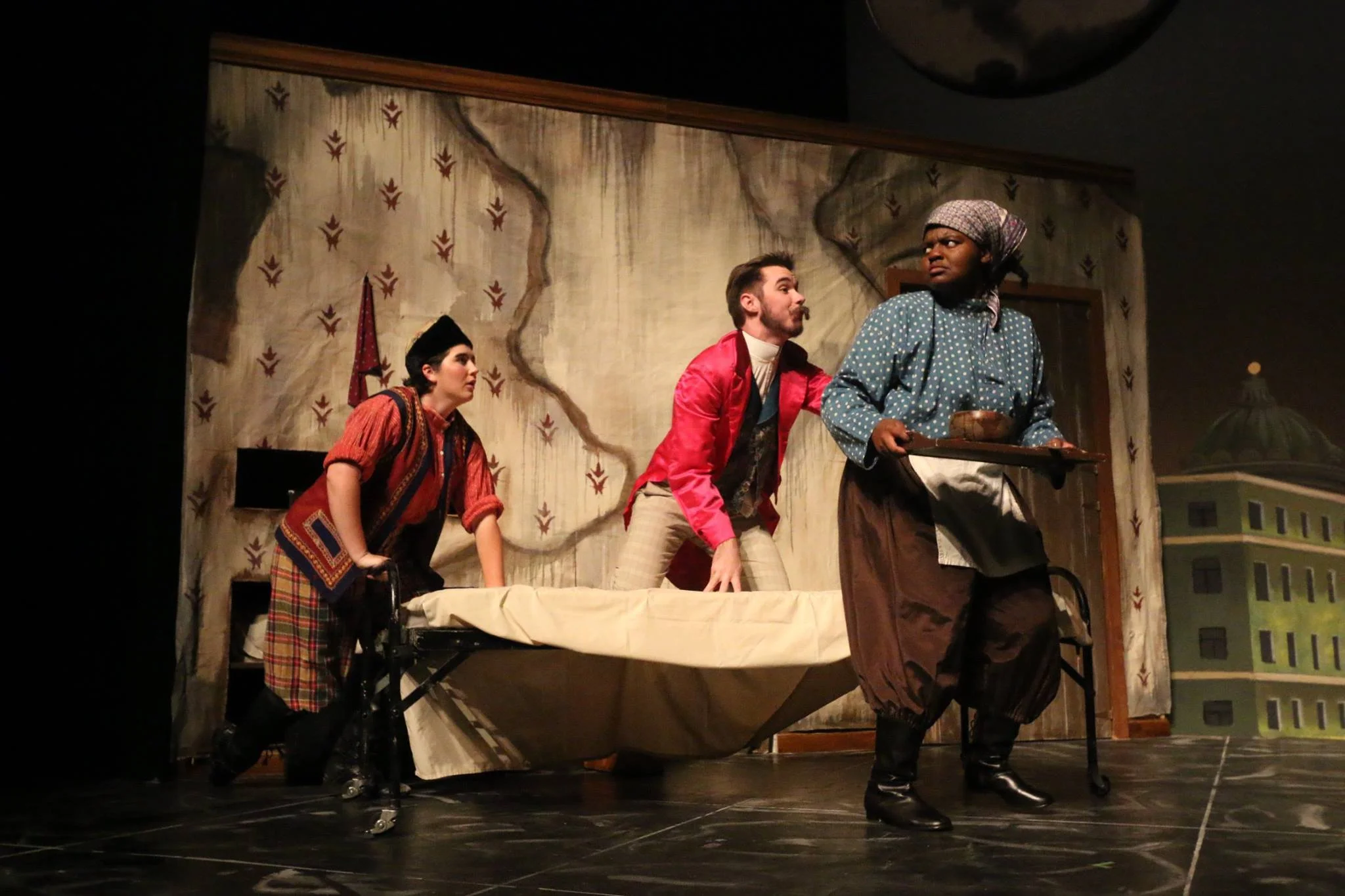  Osip (Catlyn Sales), Khlestakov (Taylor Church) and Waiter (Jasmine Washington  Photo by Clare Hwang 