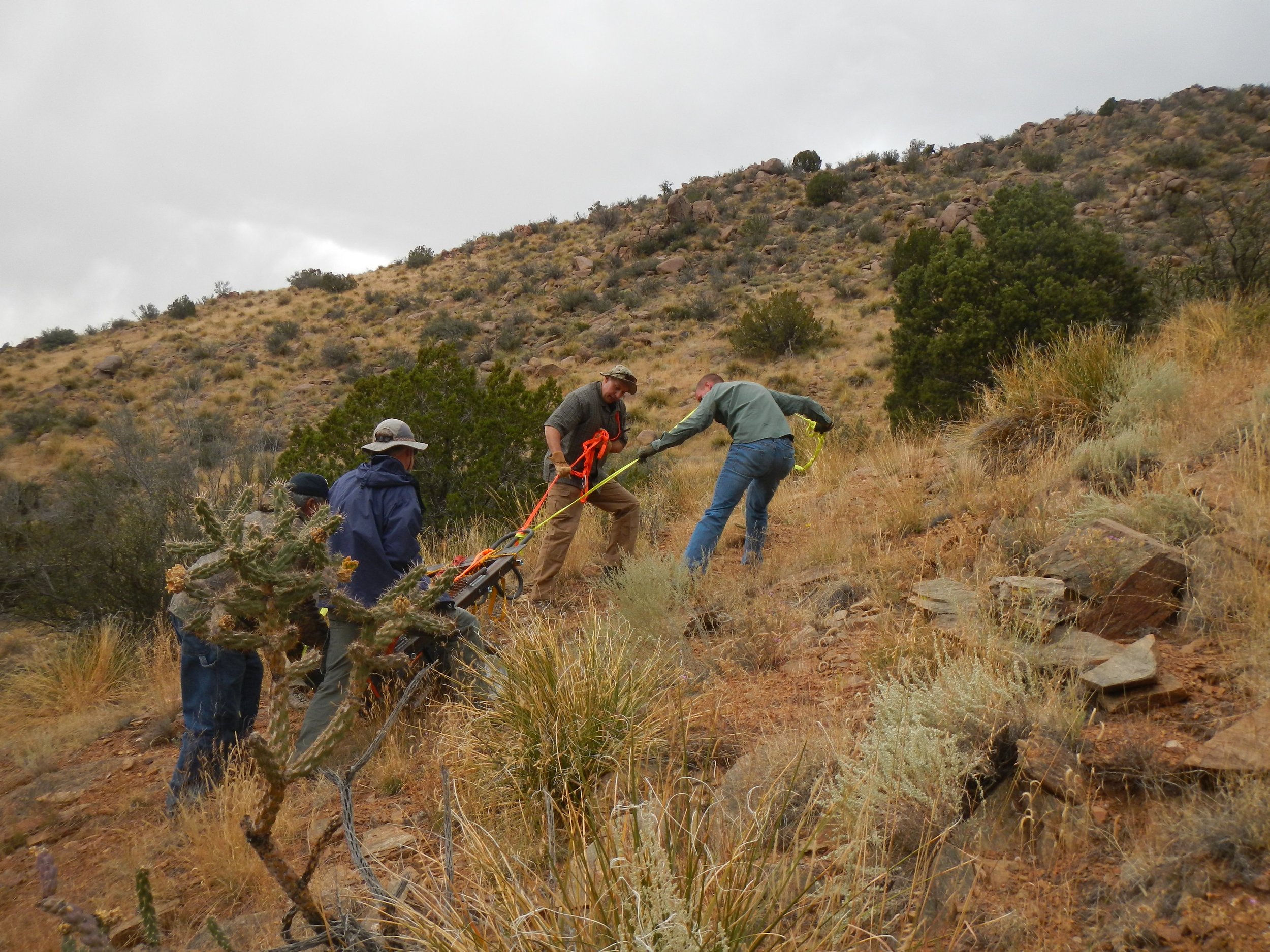 Hauling the Heavy Gate Uphill to the Upper Adit