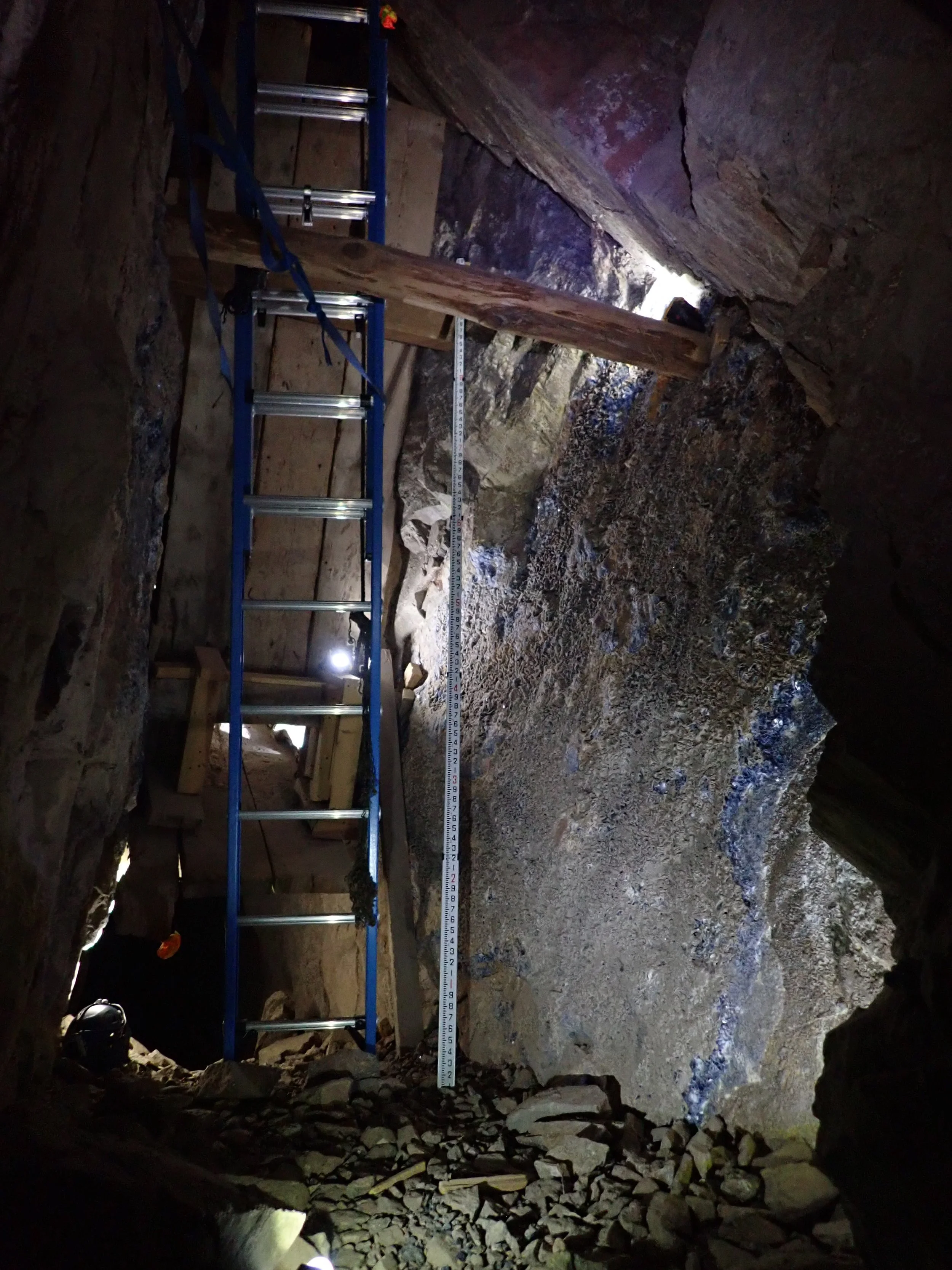 Wall of Fluorite Crystals Left in Place by Original Miners - Large Ore Chute Nearby