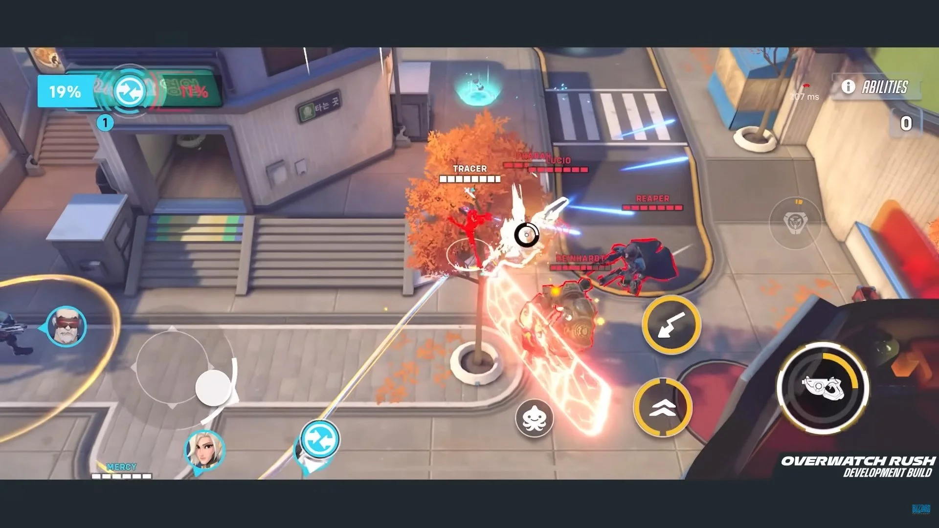 Overwatch Rush mobile gameplay preview showing top-down hero shooter combat.