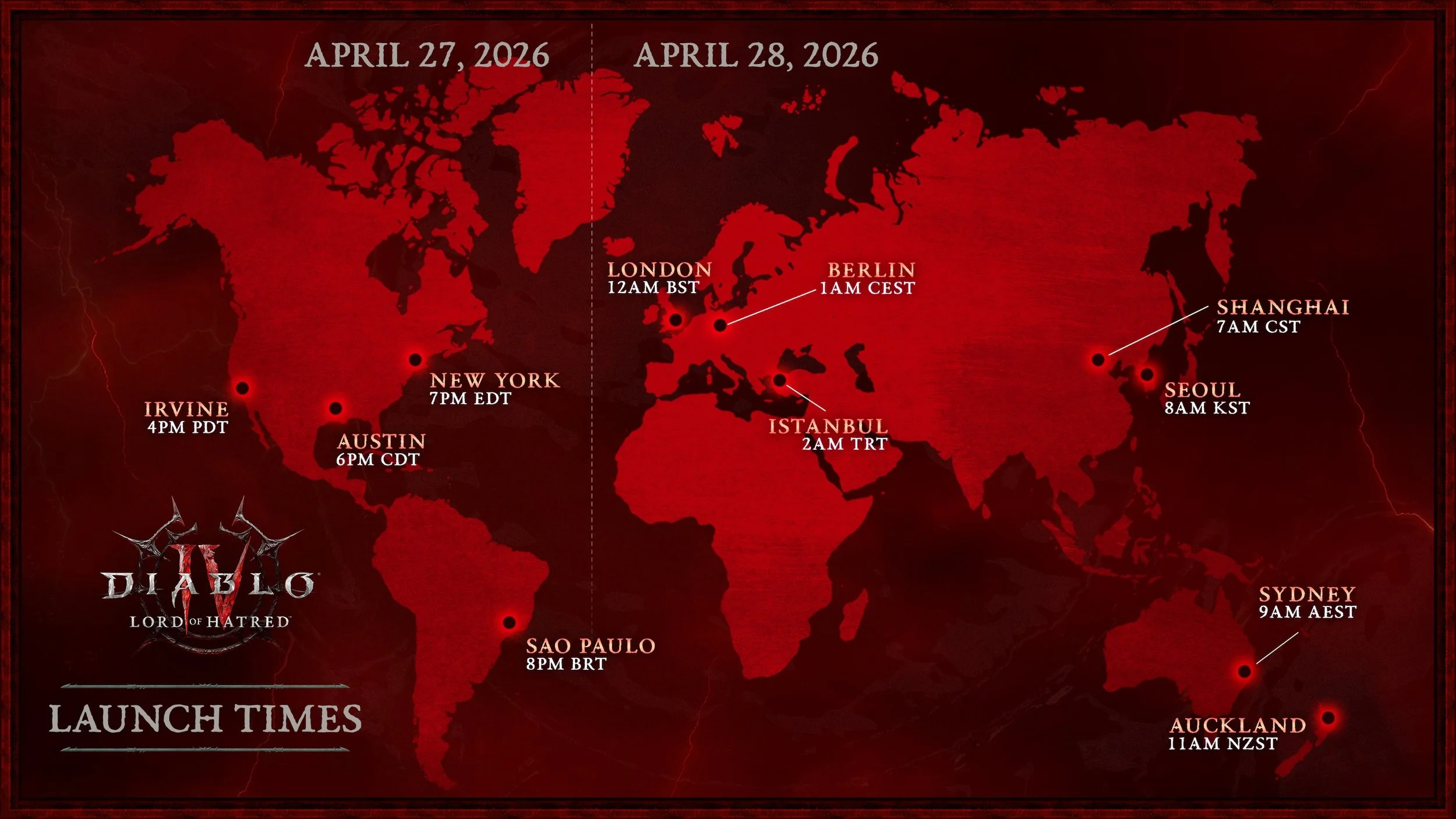 Diablo IV Lord of Hatred global launch times world map.