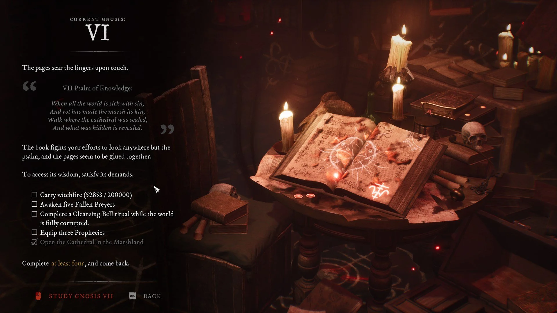 Witchfire Gnosis level progression screen.