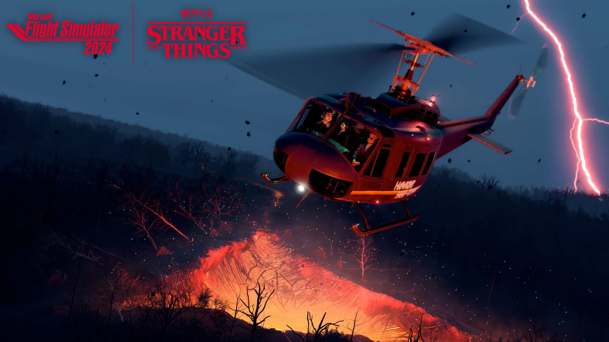 Microsoft Flight Simulator 2024 Stranger Things crossover featuring Hawkins and the Bell Huey helicopter