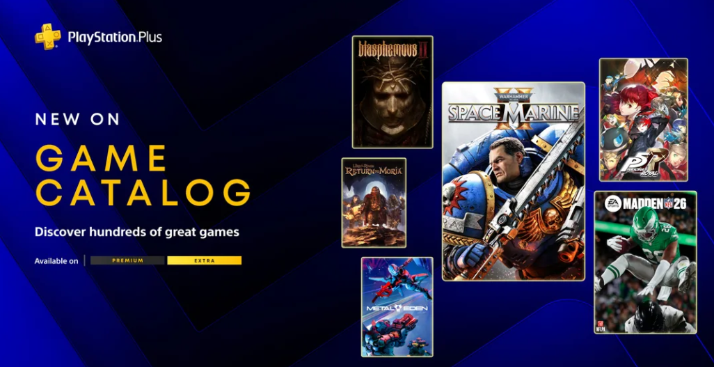 PlayStation Plus Game Catalog lineup for March 2026 featuring Warhammer 40K Space Marine 2 and Persona 5 Royal.