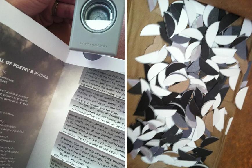 Left: For the design statement at the beginning of the journal, Jaenichen printed the text, glued each paragraph to slates on blinds, and took photos in the morning hours — an interaction of time and space. Right: Nearly a dozen students went through about 117,000 inches of double-sided tape, and tab-punched all 700 books.