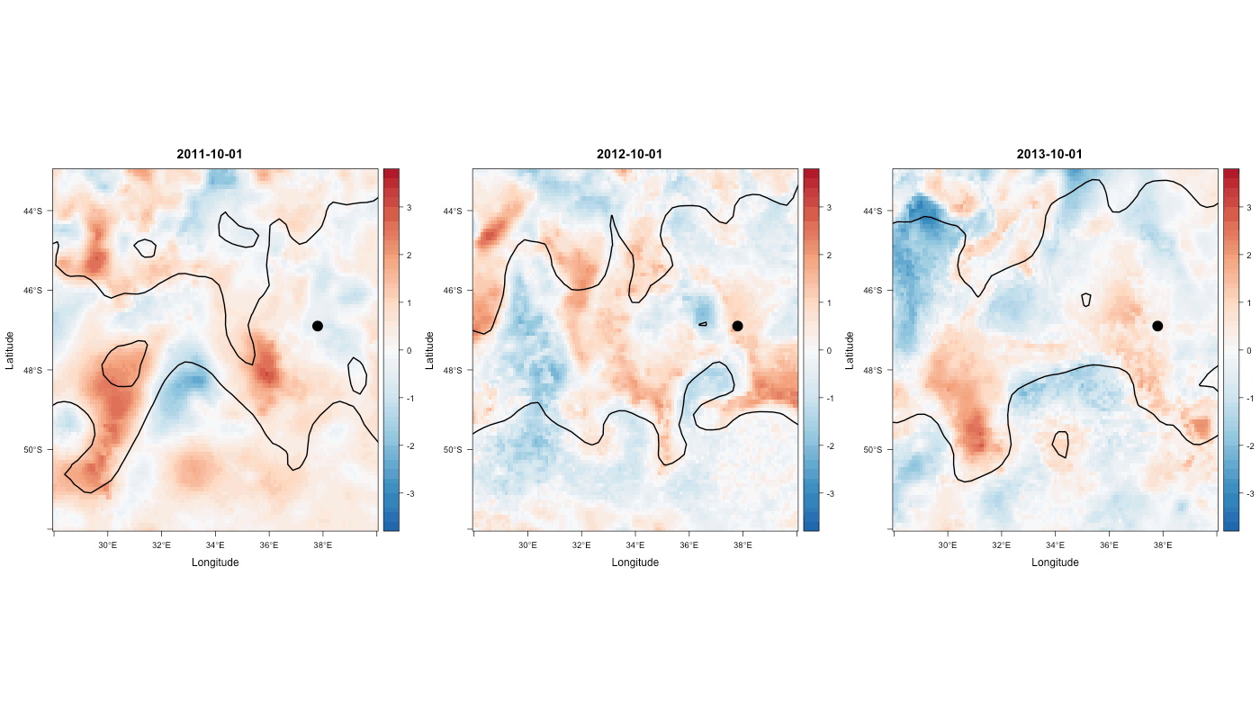 Animation showing SSTA anomalies and the position of major frontal boundaries (sub-Antarctic Front and Antarctic Polar Front) in relation to Marion Island.