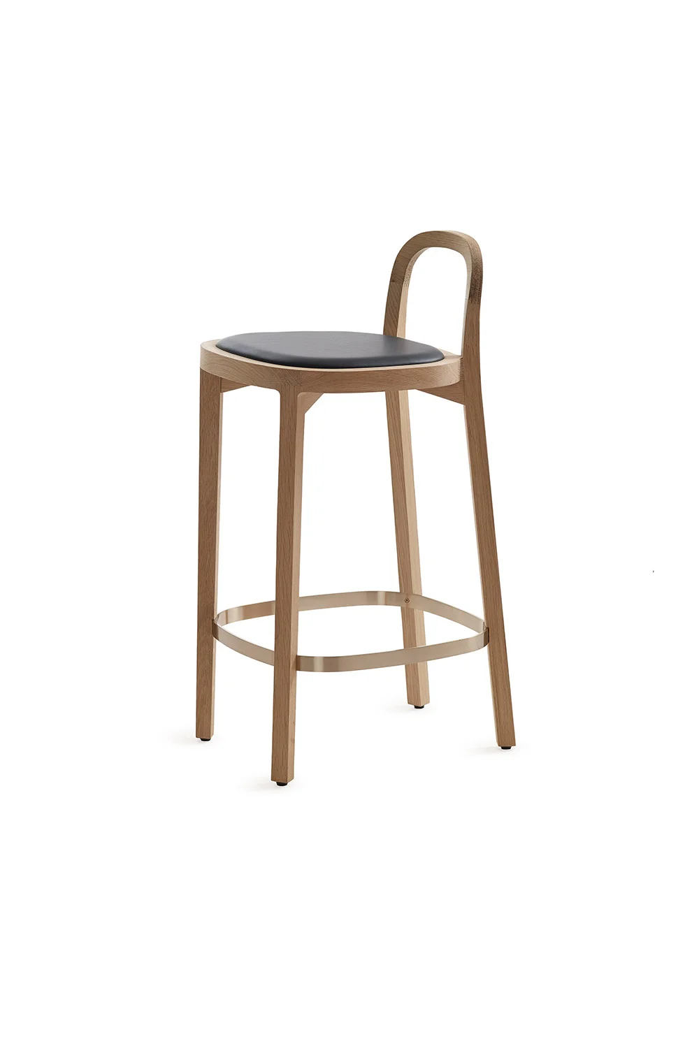 Siro+ bar stool 4470 oak 65 cm, black leather upholstered seat