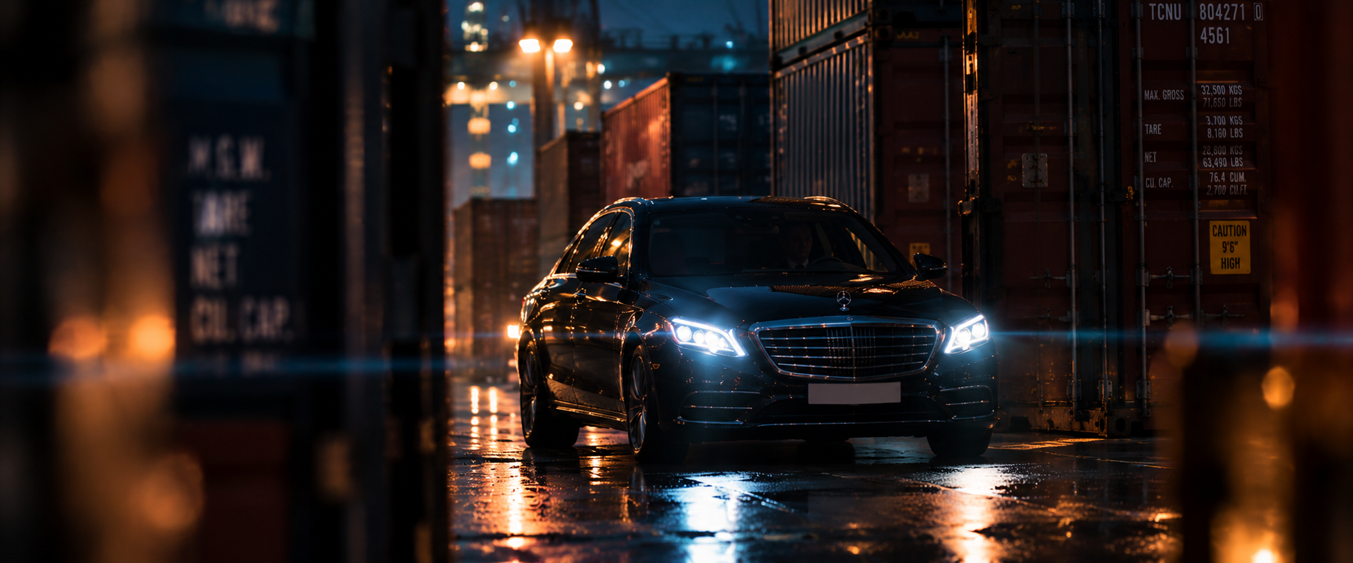 Noir Mercedes in a Rainy Container Yard.png