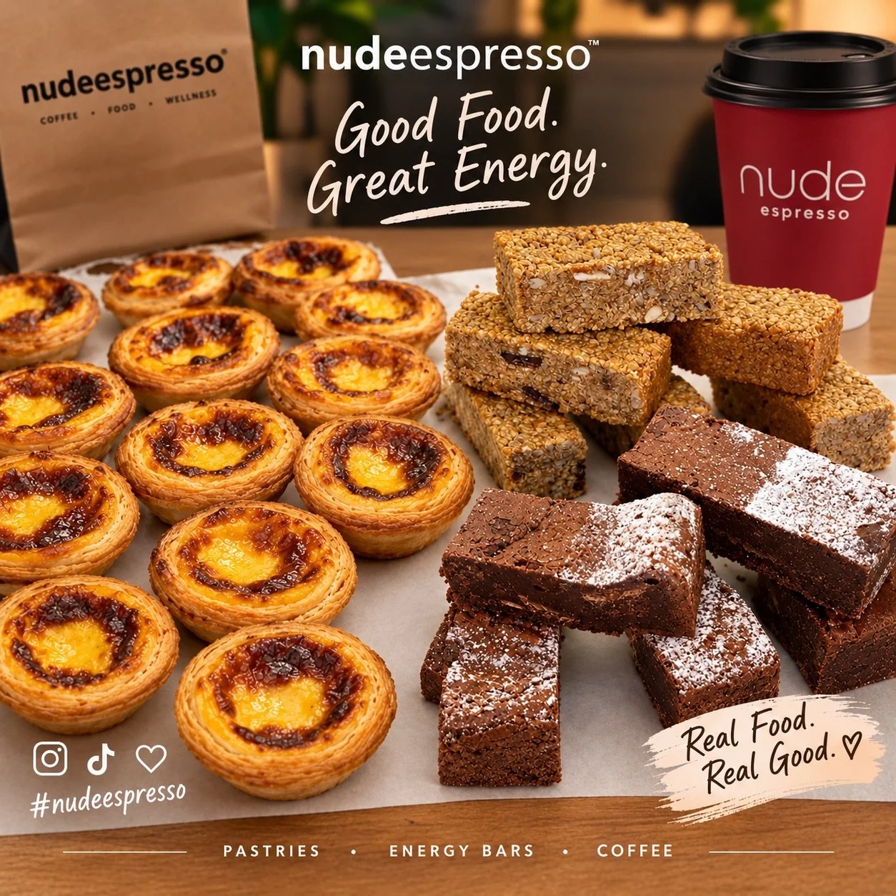 ☕️✨ Good food. Great energy. No excuses.

Golden, flaky pastel de nata, chewy energy bars, fudgy brownies and your favourite @nudeespresso coffee to bring it all together. 🤎

Which one are you reaching for first? 👀👇
🥧 Pastel de nata
🍫 Brownie
🌾