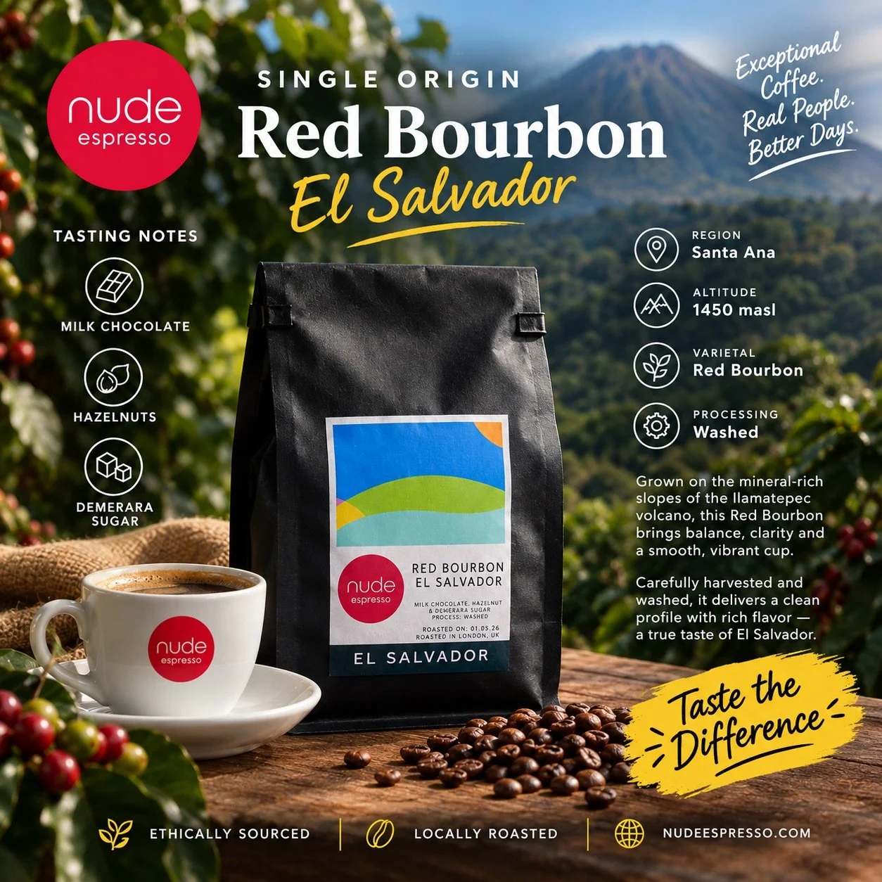 ☕ Meet Red Bourbon. El Salvador 🇸🇻

From Santa Ana, grown at 1450 masl and washed to bring out a beautifully balanced cup with notes of milk chocolate, hazelnuts &amp; Demerara sugar.

Ethically sourced. Locally roasted. Crafted for coffee lovers. 