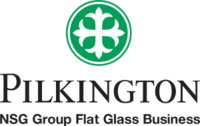 Pilkington logo featuring a green circular emblem and black text
