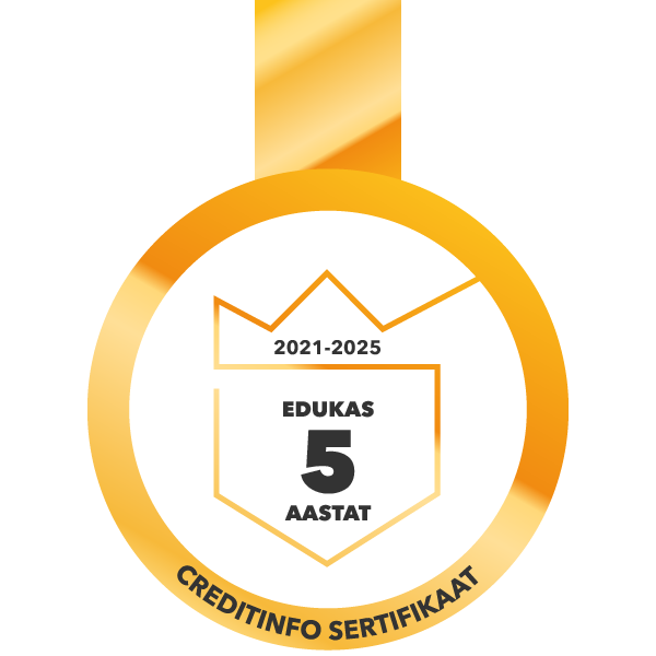 Gold and white badge with black text, featuring the years 2021-2025, the words 'EDUKAS', a large number 5, and the phrase 'Aastat'. The badge is labeled 'CREDITINFO Sertifikaat' at the bottom.
