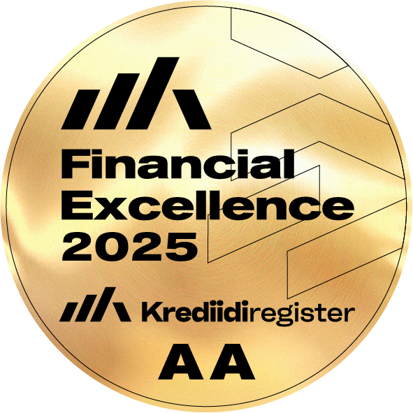 Gold-colored circular badge for Financial Excellence 2025 by Kredidiregister, featuring stylized logo, event name, year, and additional branding elements.