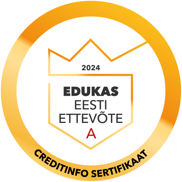 Seal featuring a white shield with orange outline and a crown on top, containing the text '2024,' 'EDUKAS EESTI ETTEVÕTE,' and a red 'A,' with the words 'CREDITINFO SERTifikaAT' curved along the bottom edge.