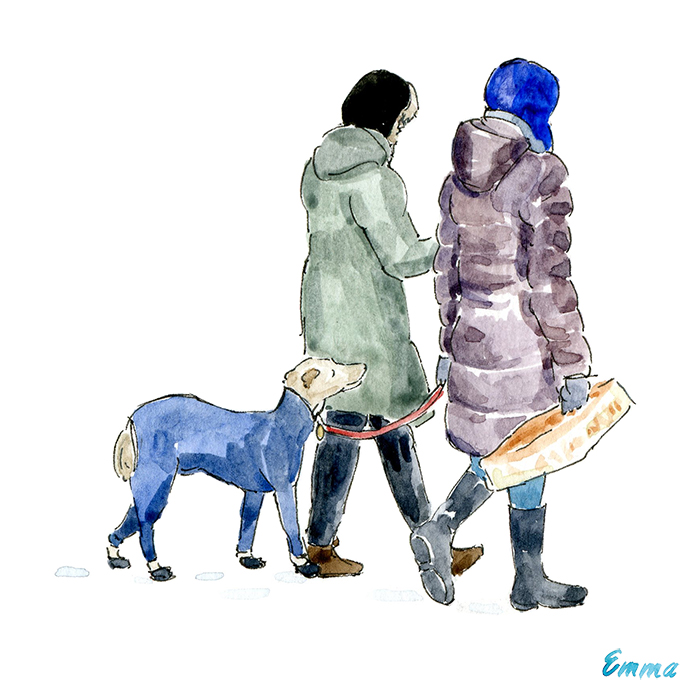 Women walking dog in Montreal watercolor illustration