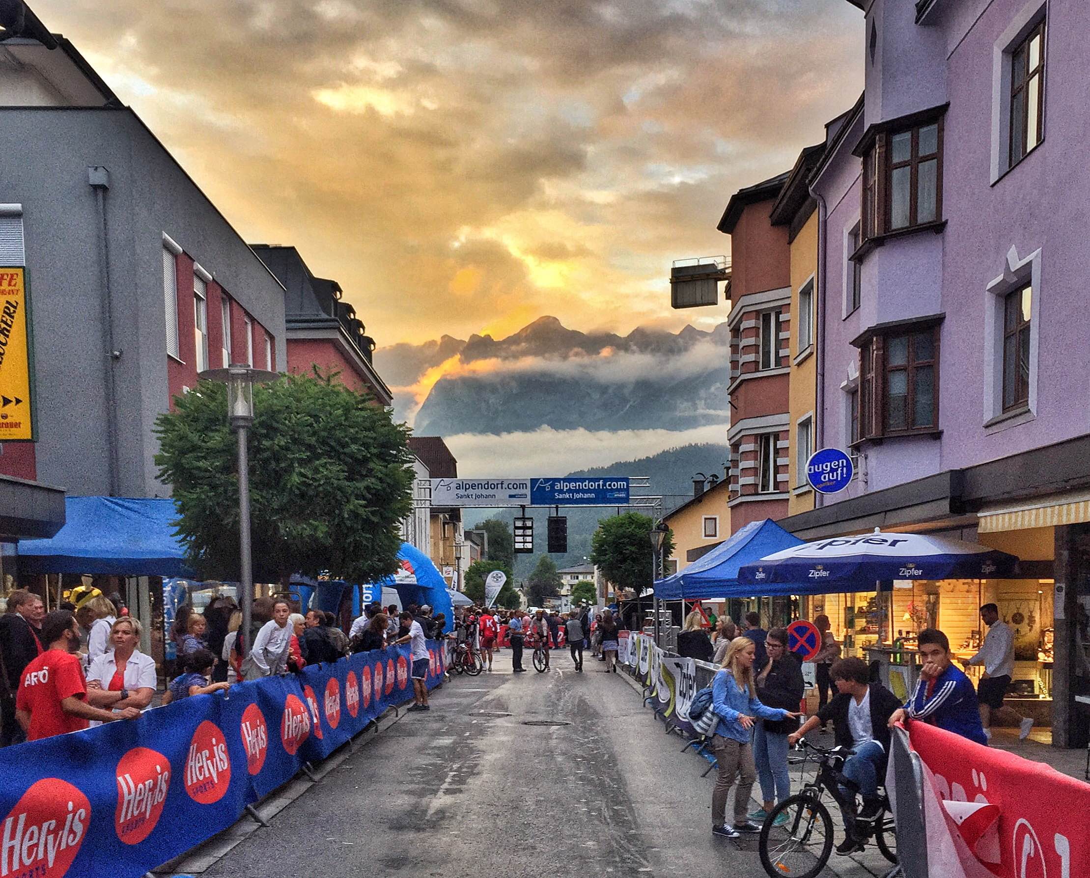Sunset over the mountains after the Bischofshofen Kriterium International in Austria. Photo by Amber Pierce. 