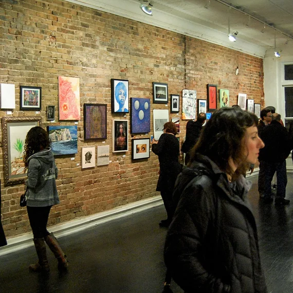 The Carrack Modern Art: Community Exhibition in Durham, NC. Josh Sessoms Artist. Art Gallery First Friday Opening. Crowd Viewing.