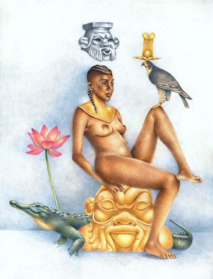 Ritual Spirit (Kemet/Egypt): African Art and Painting by Josh Sessoms Art. Heru (Horus) and Ra as Falcon (Ra Heruakhety). Sculpture of Bes. Philadelphia, Raleigh/Durham and New York.