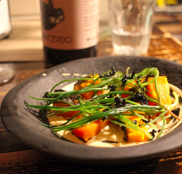 Butternut squash with crab mayonnaise and monksbeard.