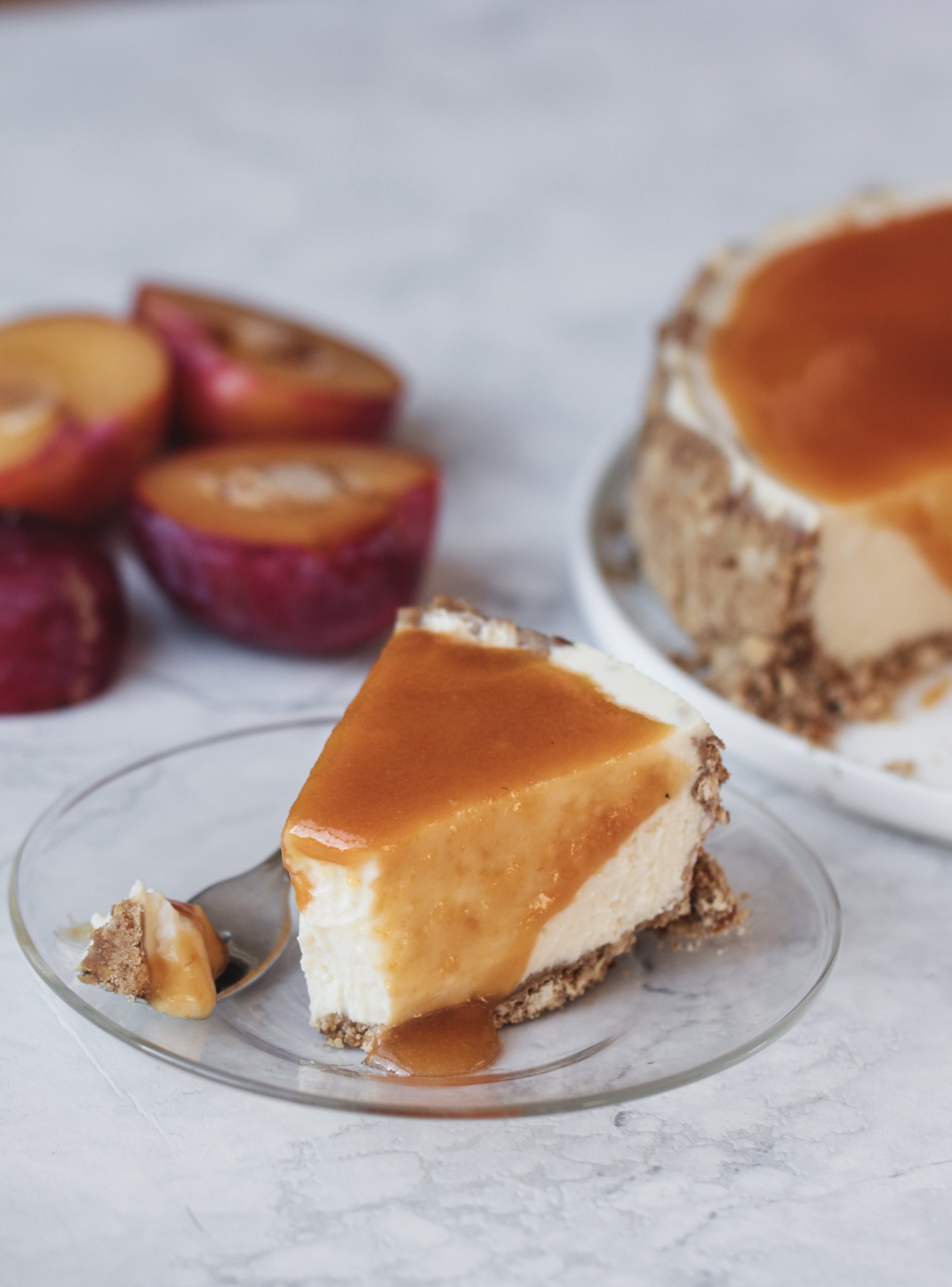 Tahini &amp; pretzel cheesecake with plum caramel | cheesecake two ways; Instant Pot &amp; baked — what emily ate