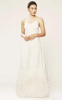 Model wearing feather adoring slip dress, SJP X GILT bridal collection