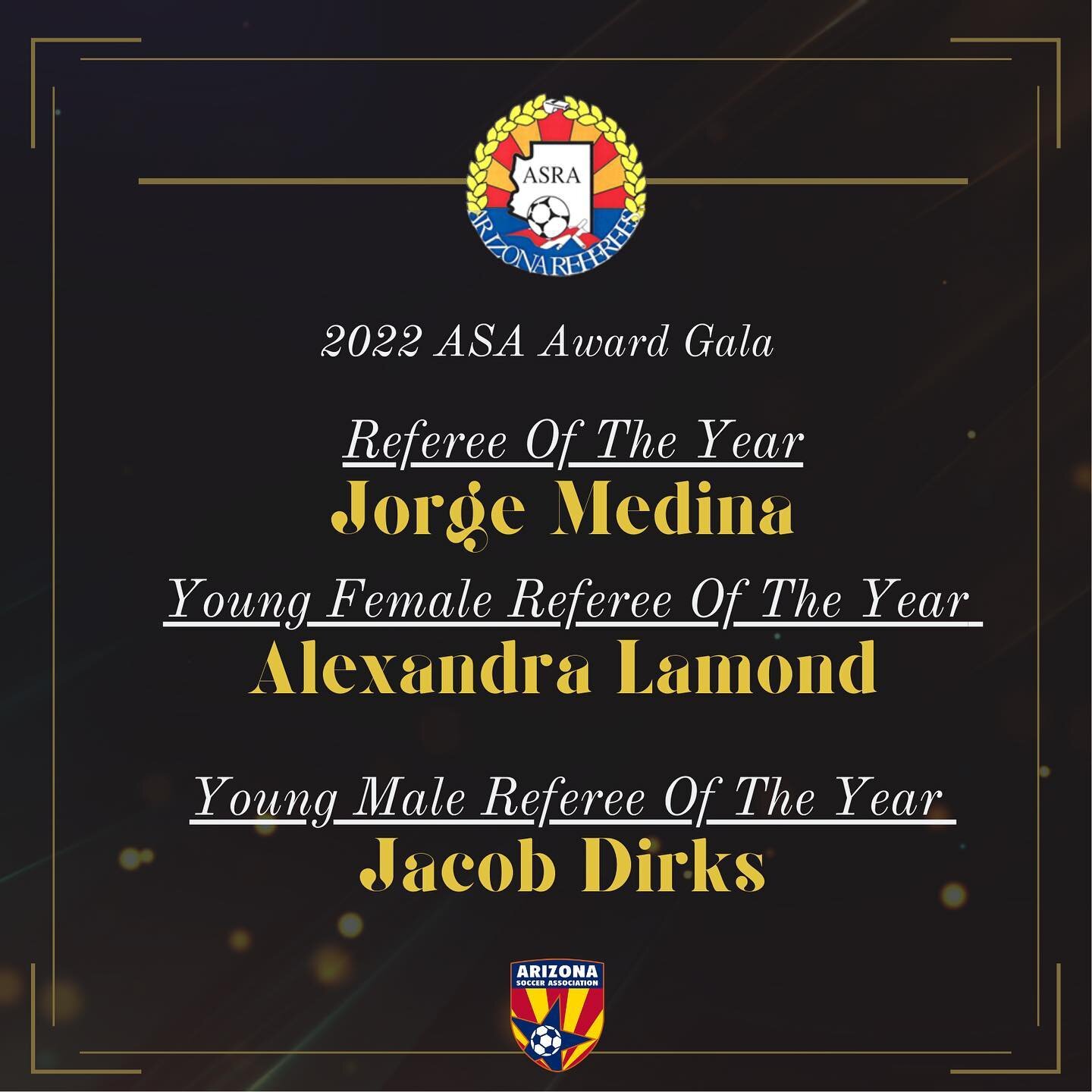 Please join us in congratulating these three referees! 👏
Jorge Medina- Referee Of The Year 
Alexandra Lamond- Female Referee Of the Year
Jacob Dirks-Male Referee Of The Year 
Congratulations all keep up the great work both on and off the field! 
Rea