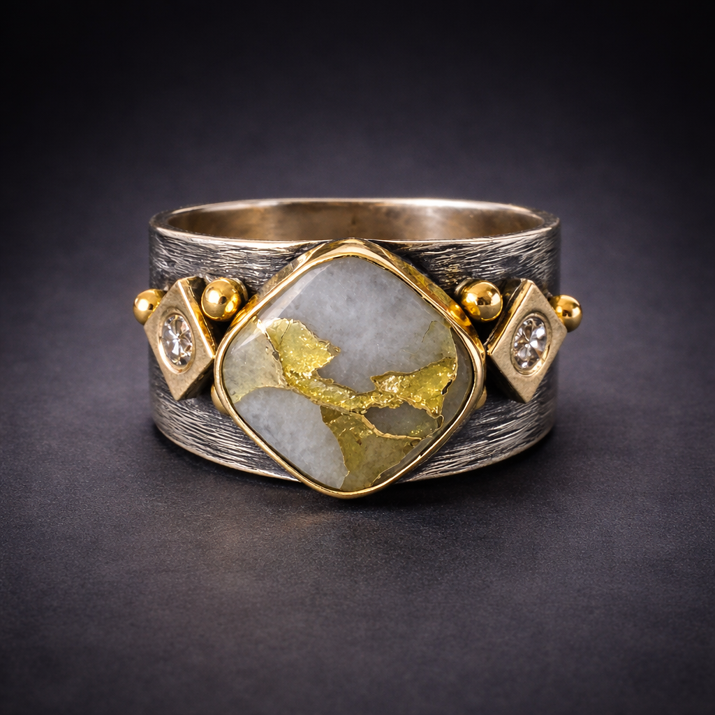 "Three Diamonds" Ring- Gold in White Quartz