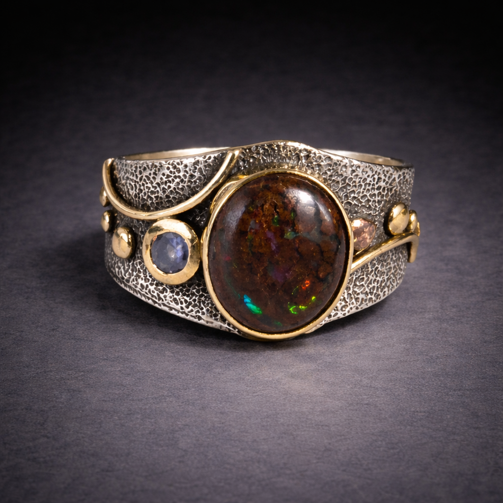 Andamooka Opal mixed metal ring with tanzanite